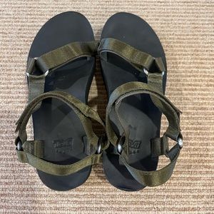 Olive green satin Teva sandals, size 8